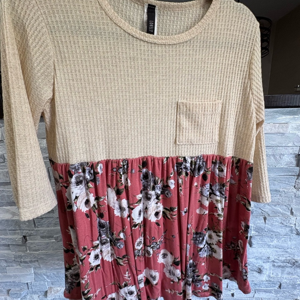 Cream Waffle-Knit Top with Rose Floral Hem